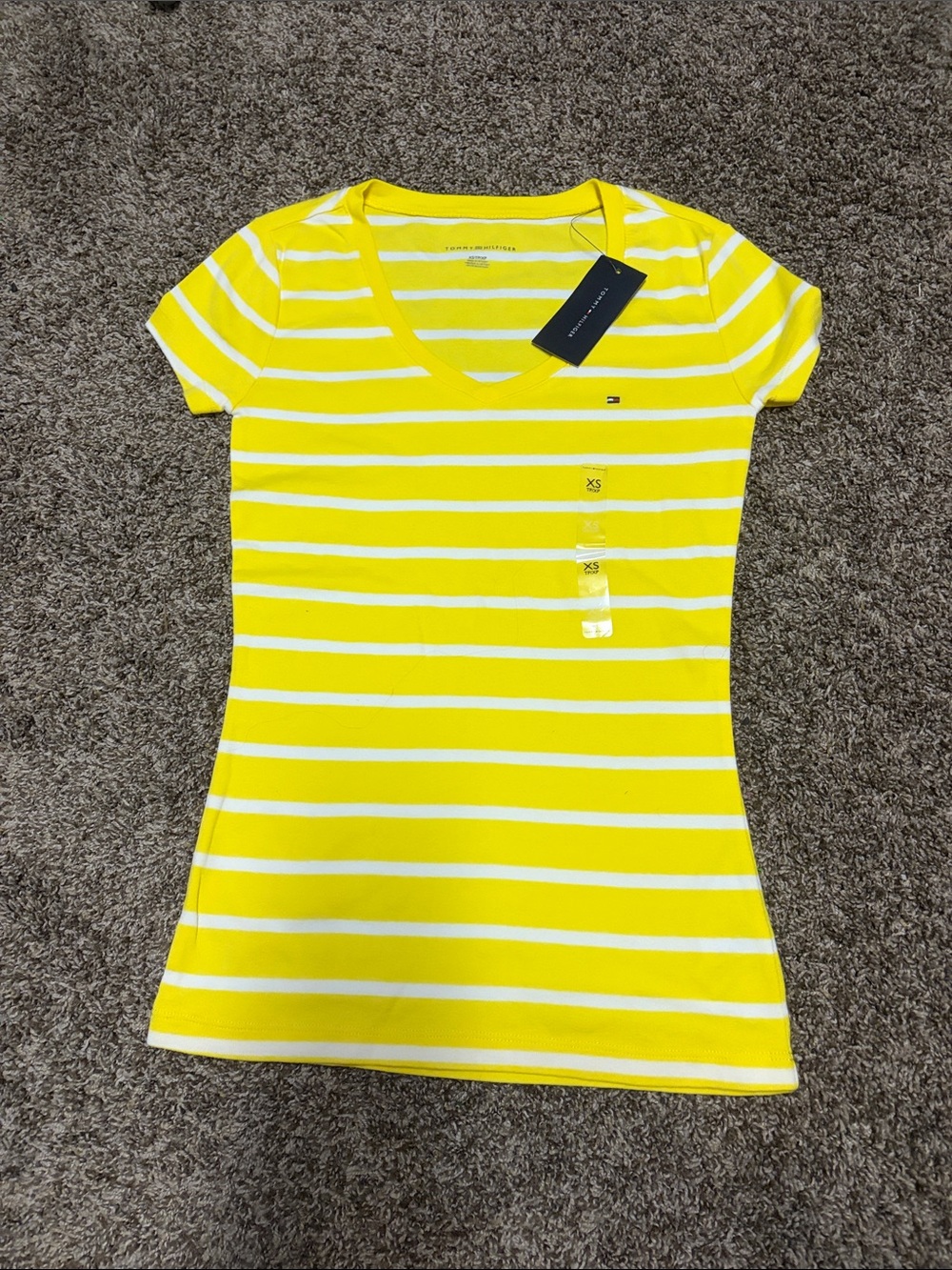 Tommy Hilfiger Yellow and White Striped V-Neck Tee